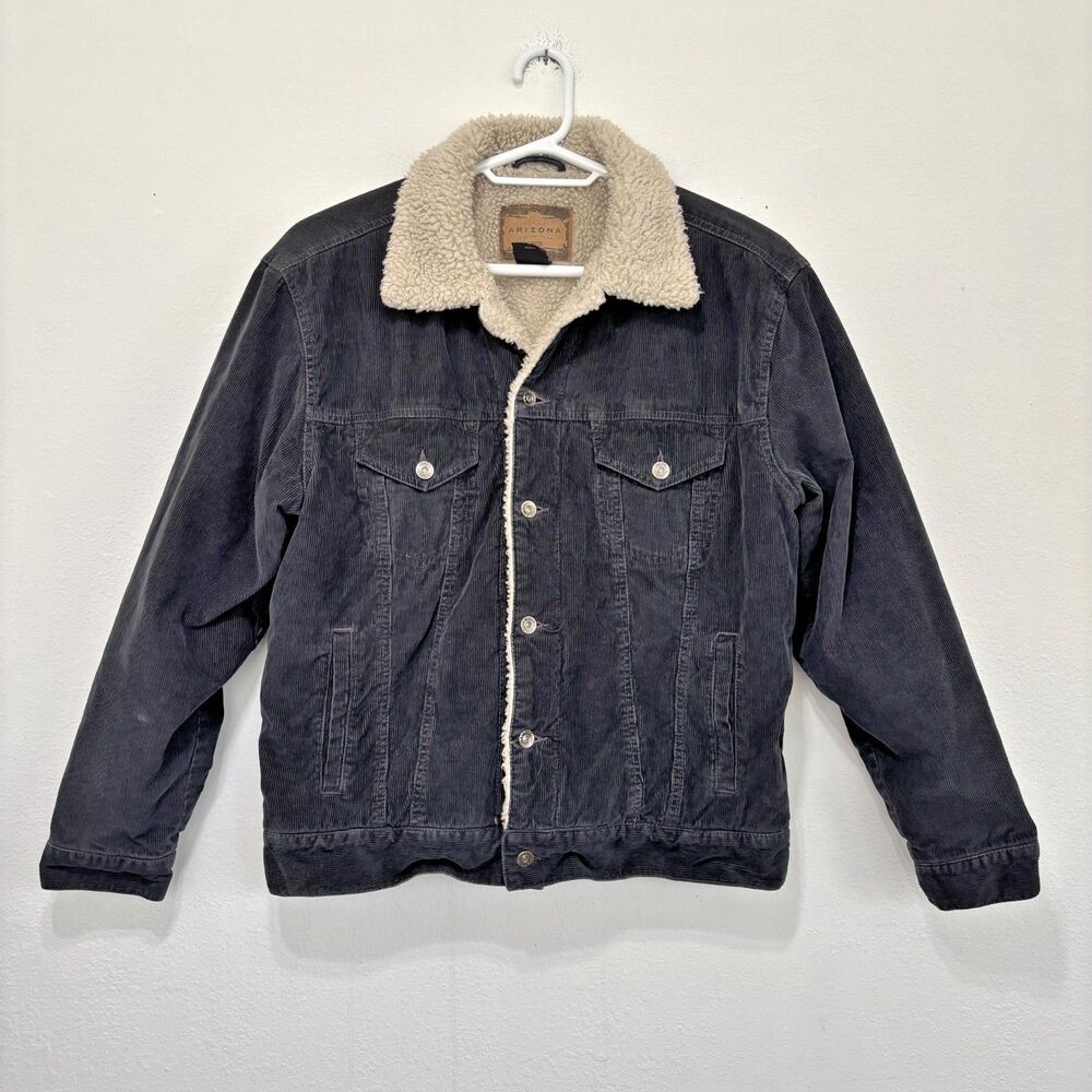 Y2K Mens Corduroy Sherpa Trucker Jacket Large Black Coat Arizona Fleece Vintage